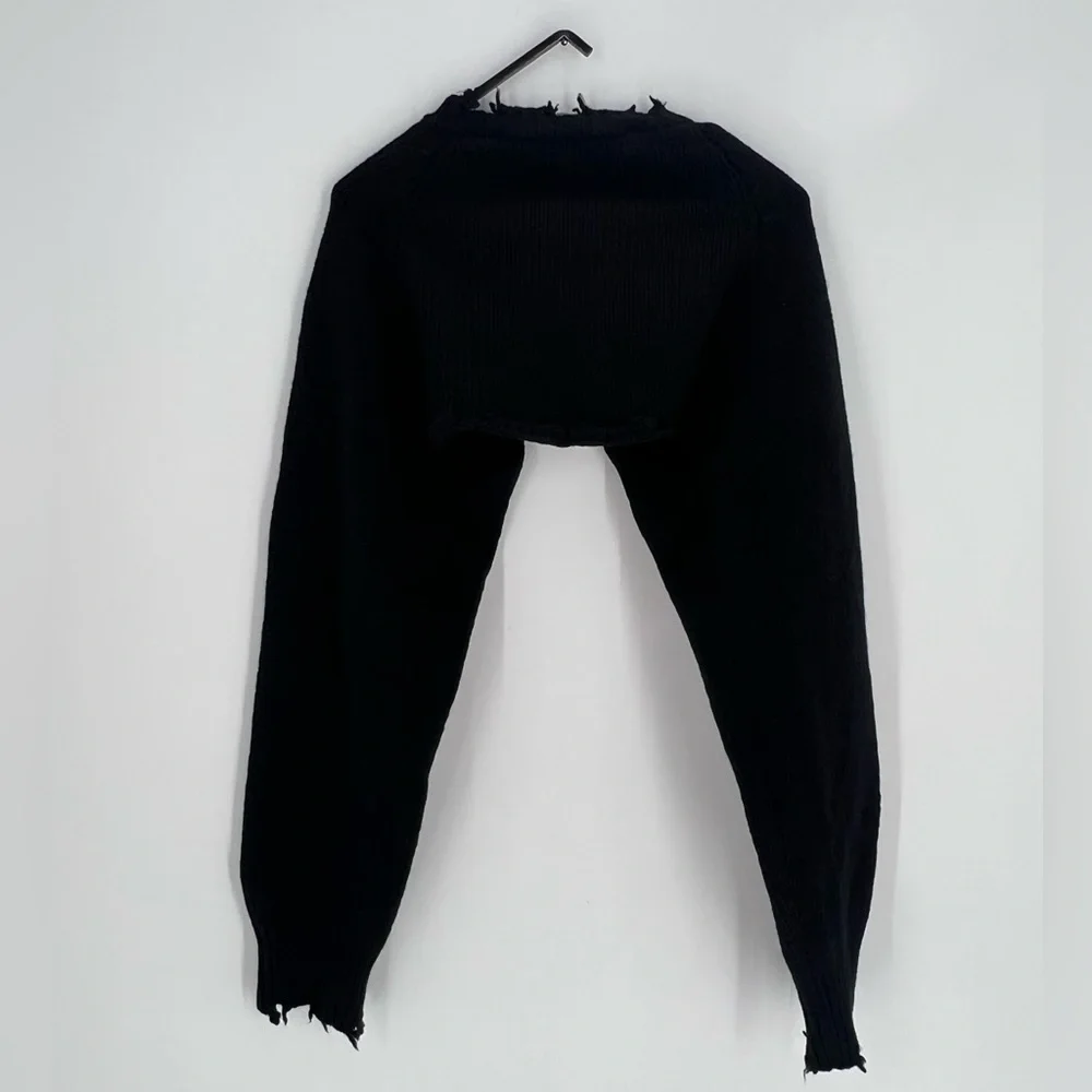 The Open Product Open YY Black Wool Blend Frayed Ripped Distressed Shrug